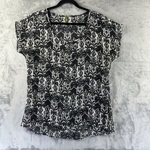West Kei Blouse Women's M Black Ivory Damask Bohemian Pattern